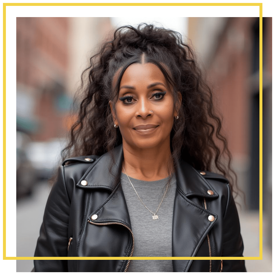 Thelma in black leather jacket over gray shirt