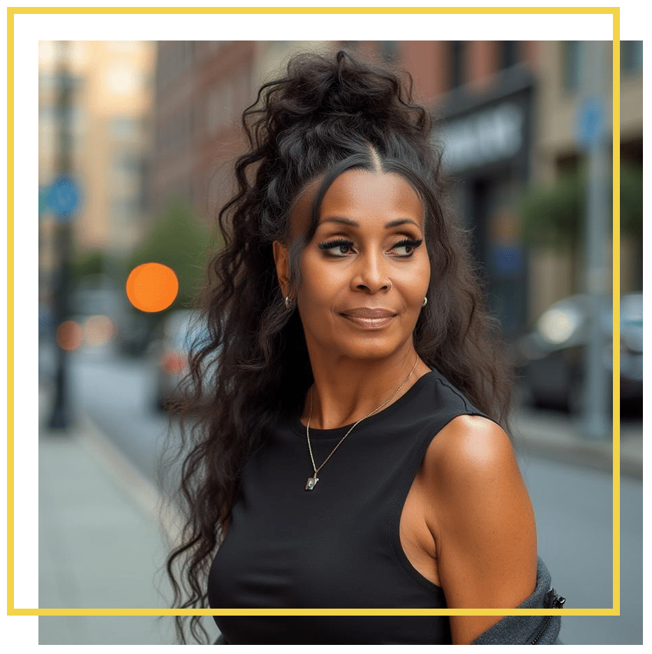 Thelma showing black shirt over gray sweater